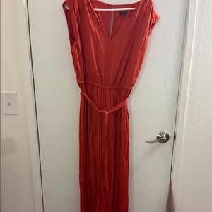 Worthington Coral-Red V-Neck Maxi Dress with Waist Tie